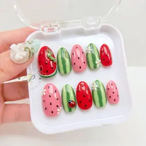 Watermelon Press On Nails, Cute Summer Fruit Nails, Ladybug Nails, Kawaii Watermelon Nail Set, Handmade Almond Nails Nail Art Kit Nail Box