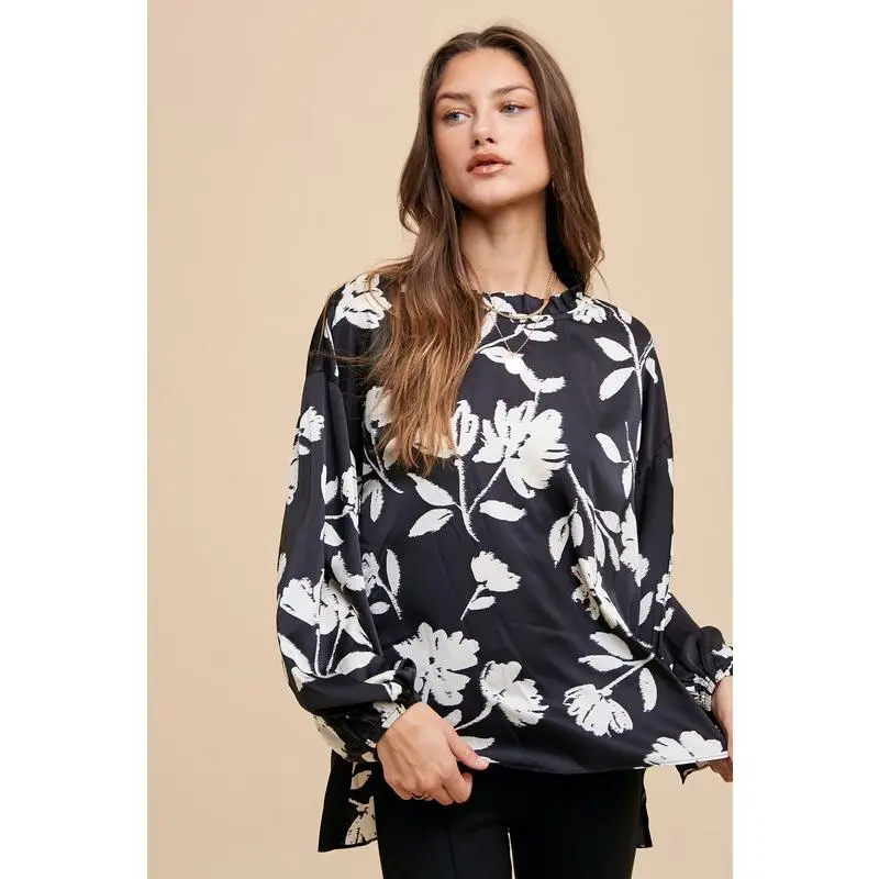 Ruffled Sheer Frill Printed Balloon Sleeve Blouse - Chic and Elegant Design, 100% Polyester, Slightly Stretchy Fabric
