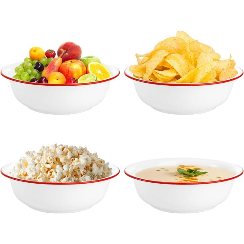 Set of 2 Enamel Bowls, 3 Quart Large Enamel Mixing Bowls, White Enamelware with Red Rim, 11 Inch Vintage Enamel Soup Basins for Fruit, Salad, Pasta, Dinner