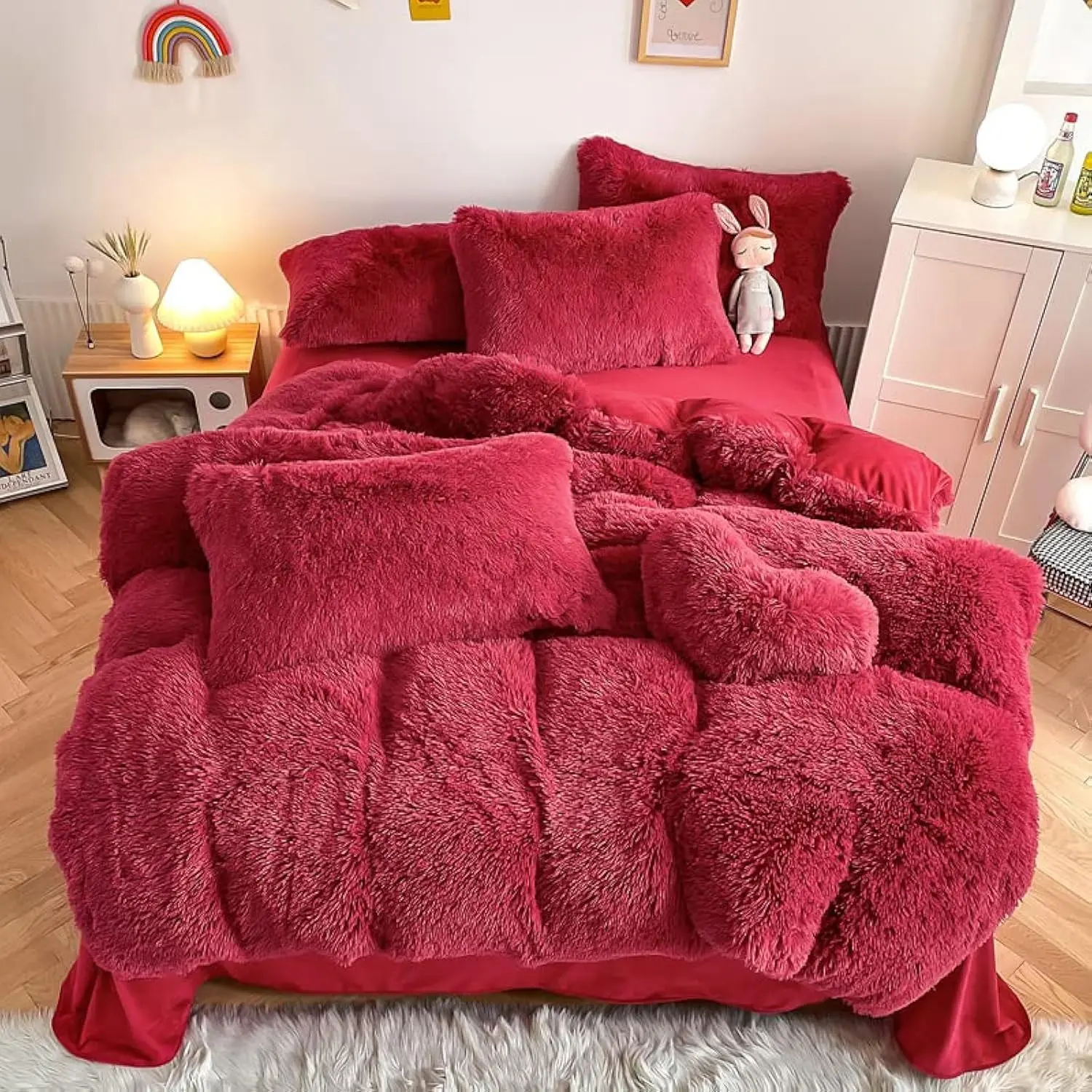 King Size Faux Fur Comforter Set, 3PC Ultra Shaggy Flannel Velvet Bedding - 1 Comforter, 2 Pillowcases, All Season Bedding, Comforter Set King