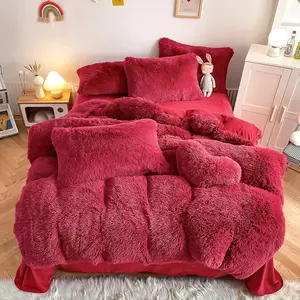 Faux Fur Plush Dark Red Comforter Sets King - Ultra Shaggy Flannel Velvet Fluffy Fuzzy 3PC (Comforter x 1 Pillowcases x 2)