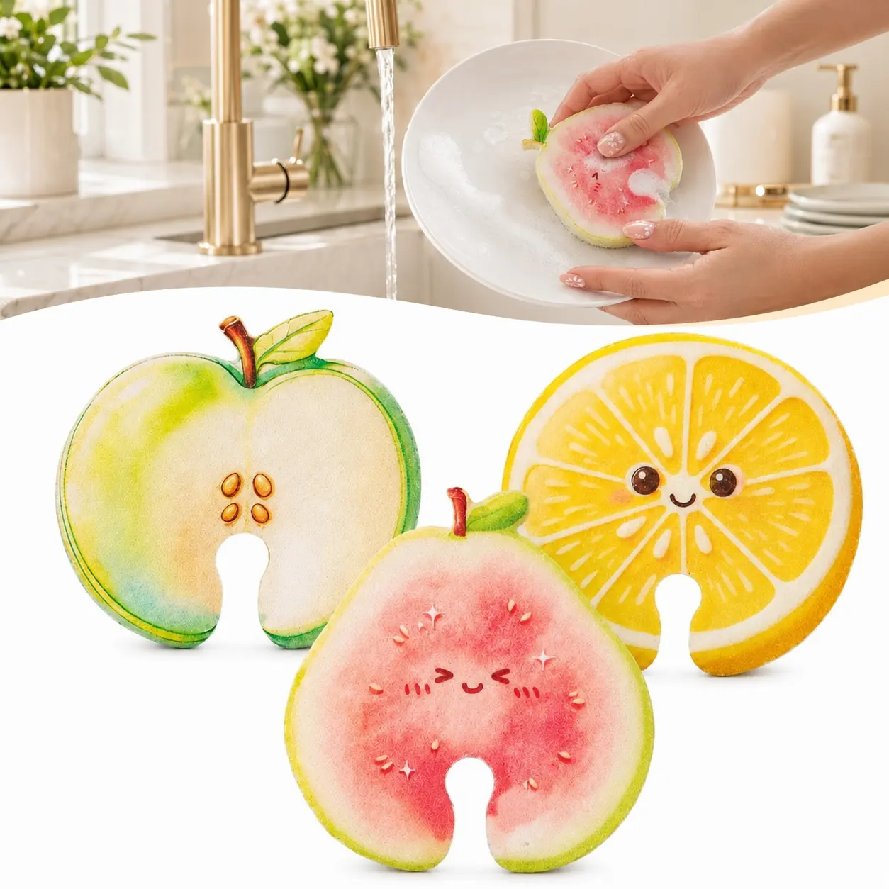 Compressed Cellulose Sponges - Pack of 3 Fruit-Shaped Natural Pop-Up Kitchen Sponges, Compostable Plant-Based Non-Scratch Cleaning Tools for Dishes & Household Use