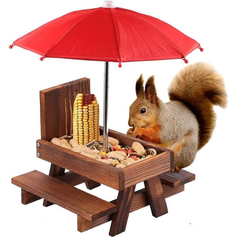 Carbonized Wood Squirrel Feeder with Umbrella, Waterproof Outdoor Feeder with Solid Structure, Funny Picnic Table Tray Design, Corn Cob Holder for Squirrels and Chipmunks