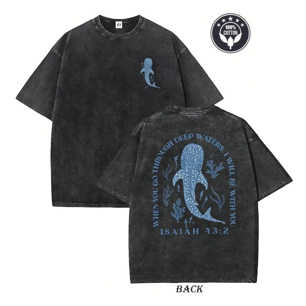When You Go Through Deep Waters Isaiah 43:2 Whale Shark Graphic T-Shirt,Cotton Retro Washed Christian Tee