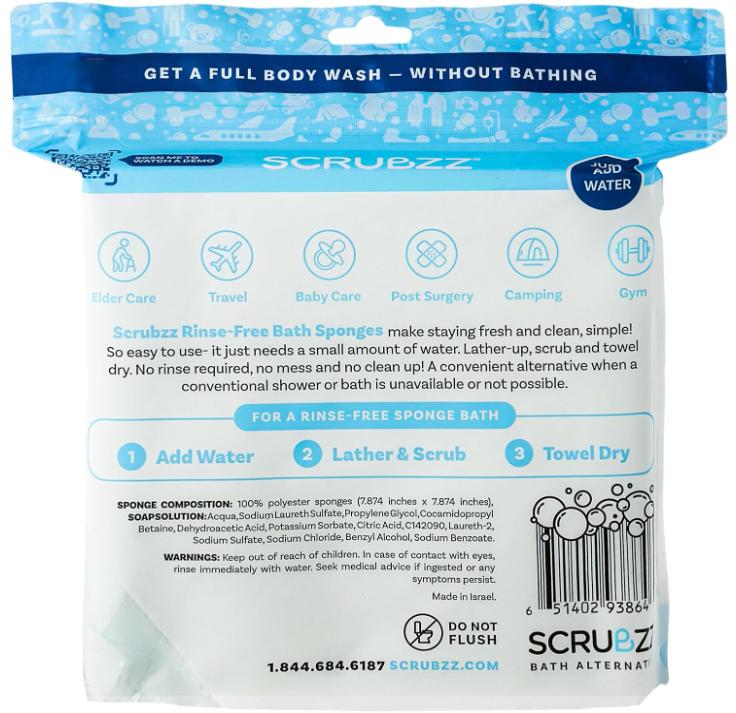 Scrubzz Disposable Rinse Free Bathing Wipes - 25 Pack - All-in-1 Single Use Shower Wipes, Simply Dampen, Lather, and Dry Without Shampoo or Rinsing
