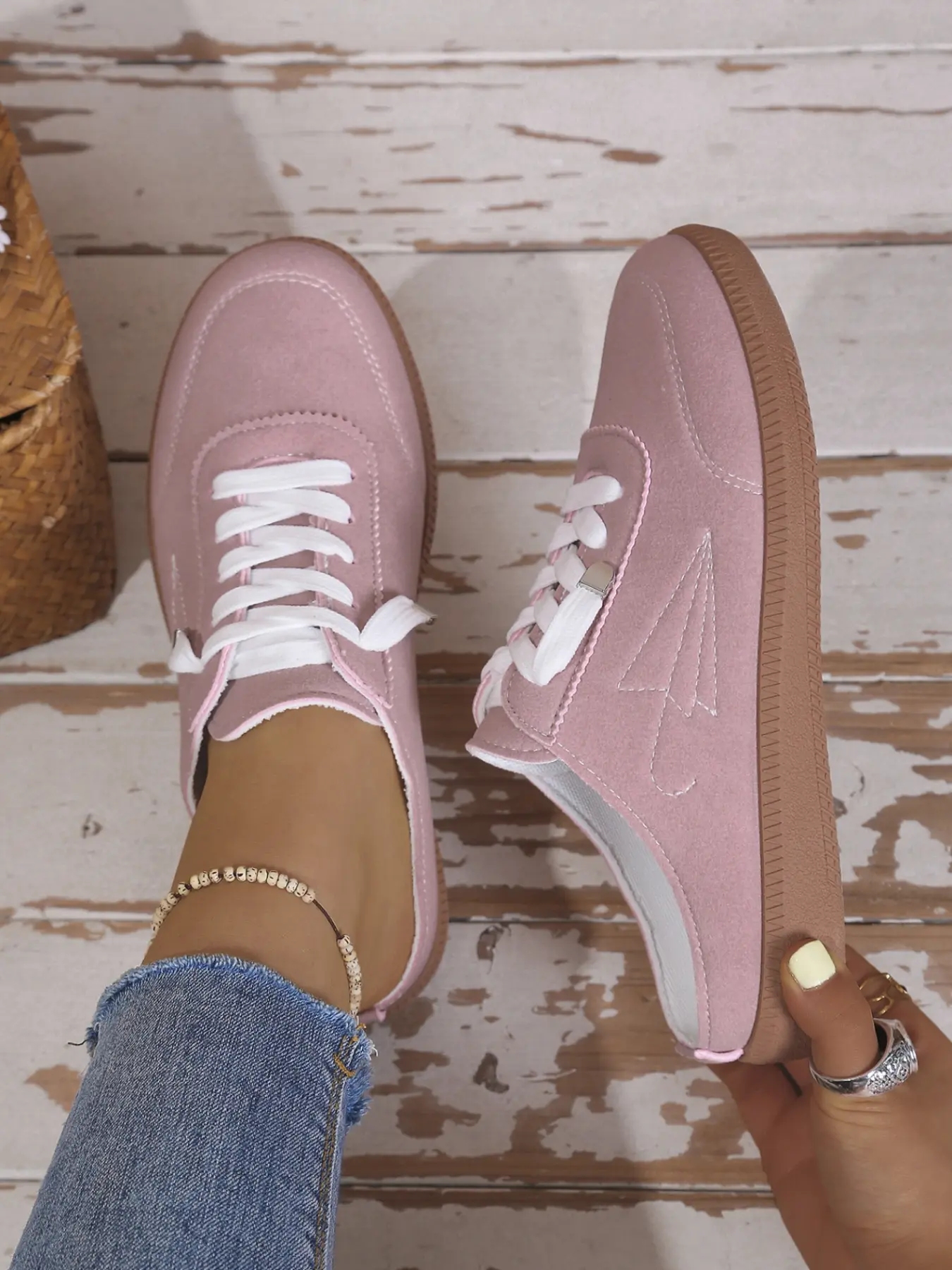 Women's Pink Suede Lace-Up Mule Sneakers, Open Back Slip-On Casual Slides