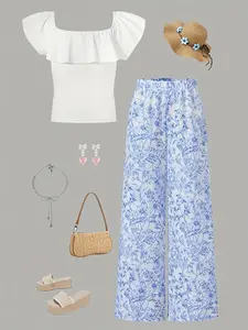 Women's 2-Piece Printed Vacation Set, Ruffled Short Knit Top and Wide Leg Pants, Summer, Elegant Loose-Fitting Style