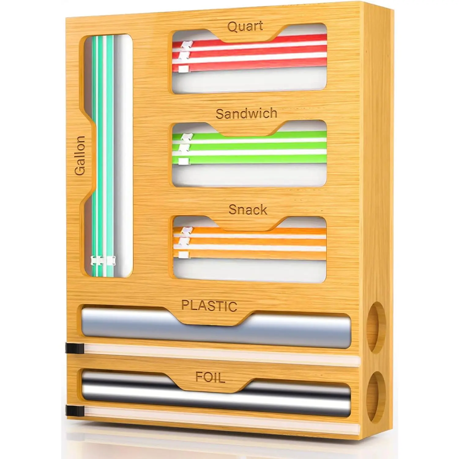 Bag Organizer and Plastic Wrap Dispenser with , 6 In 1  Foil and Plastic Wrap Organizer for Kitchen Drawer,  Storage Bag Organizer for Gallon,Quart,Sandwich,Snack(Yellow)
