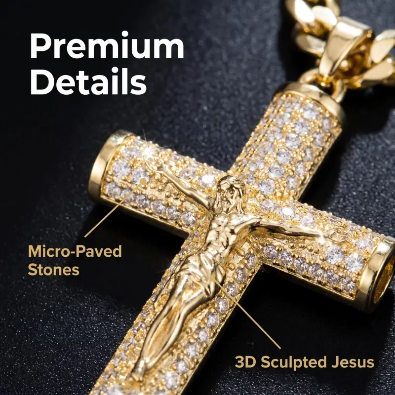 14K Gold Plated Chunky Cuban Link Chain Necklace with Jesus Crucifix Pendant, 24" Long, Hypoallergenic, Tarnish-Resistant, Durable Hip Hop Christian Jewelry Gift for Daily Wear
