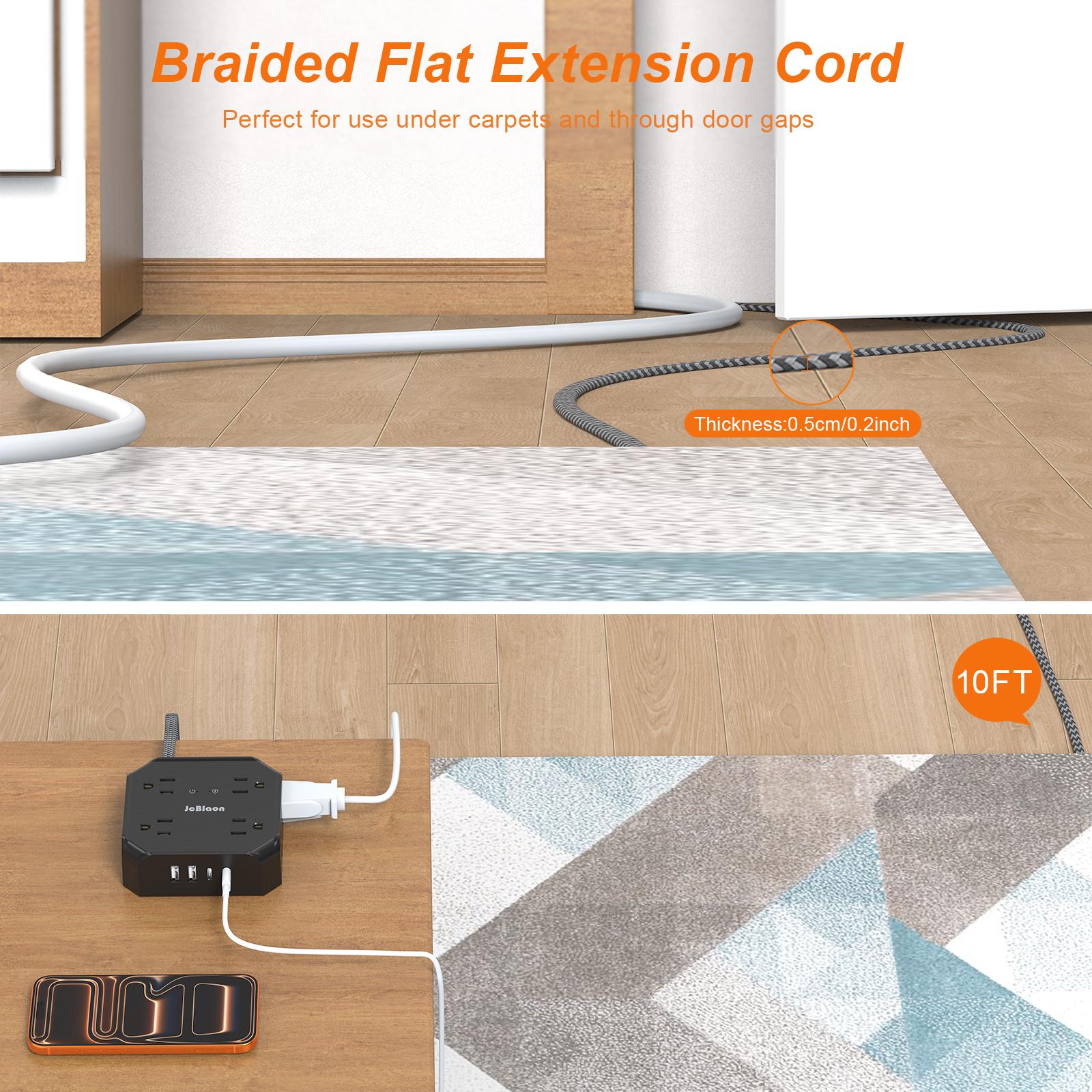 ETL-Certified Surge Protector Power Strip - 10FT/15FT Braided Extension Cord, 3-Sided Square Shape Outlet Extender, 8 Outlets & 4 USB Ports (2 USB-C) for Home Office, Black