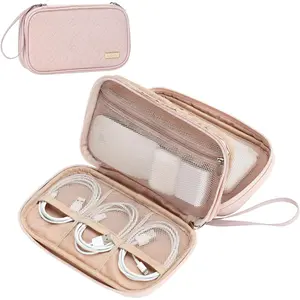 Travel Cord Organizer Case, Double Layers Tech Electronic Bag, Essentials for Charger, Cable, Phone, Flash drive, Pink