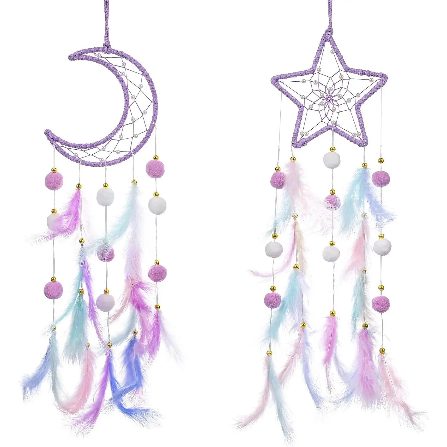 Purple Dream Catcher Wall Hanging Set, 2 Pcs Moon Star Pompom Feather Dreamcatcher Wall Decor Handmade Dream Catchers Boho Room Decor for Bedroom, Nursery Walls Art Birthday Gifts