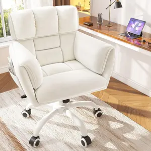 Home Office Chair With Wheels & Side Pockets Vanity Chair Adjustable Height Soft Upholstered Modern Desk Chair With Backrest & Arm For Bedroom, White