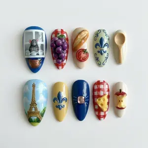 Handmade Ratatouille Press On Nails, 3D Cheese, French Paris Set SJY7TB