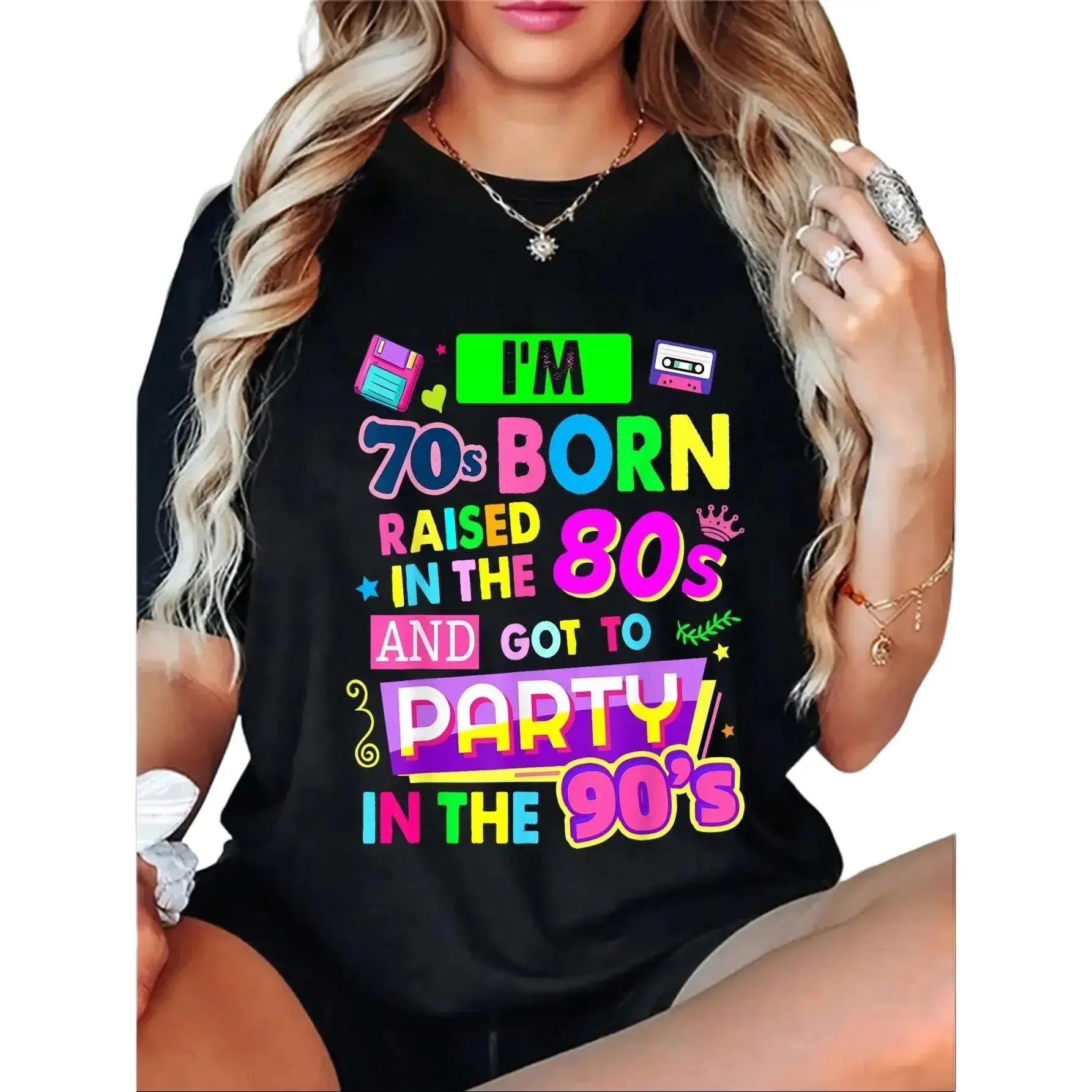 Men's & Women's 90s Fitted Casual Fashion Short-Sleeve Round Neck Rave Festival Costume T-Shirt