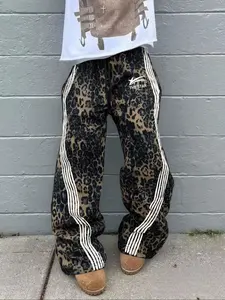Men's Casual Leopard Print Pants, Side Stripe Loose Fit Sweatpants, Star Pattern Printed, Drawstring Wide Leg, All Seasons Fashion, Casual Streetwear Trousers, Casual Loose Comfy