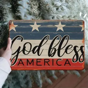 Vintage God Bless America Patriotic Aluminum Sign, Rustic Metal Wall Decor with Design, Durable Two-Dimensional Decoration