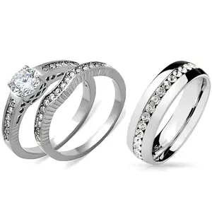 Lanyjewelry Non-Tarnish Cubic Zirconia 3-PC His Hers Wedding Ring Set - Women's 6x6mm Brilliant Cut Pronged Round CZ Stainless Steel Band, Men's All-Around CZ Stainless Steel Band, Cubiczirconia, Non Tarnish Jewelry