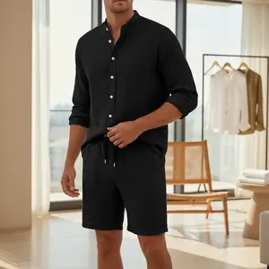 Men's 2-Piece Aesthetic Linen Summer Garments Set - Natural, Breathable, Lightweight Classic Menswear Top (Long-Sleeve Henley Stand Collar) & Baggy Shorts, Chinese-Inspired Casual Vacation Beachwear (Multiple Colors) summerwins