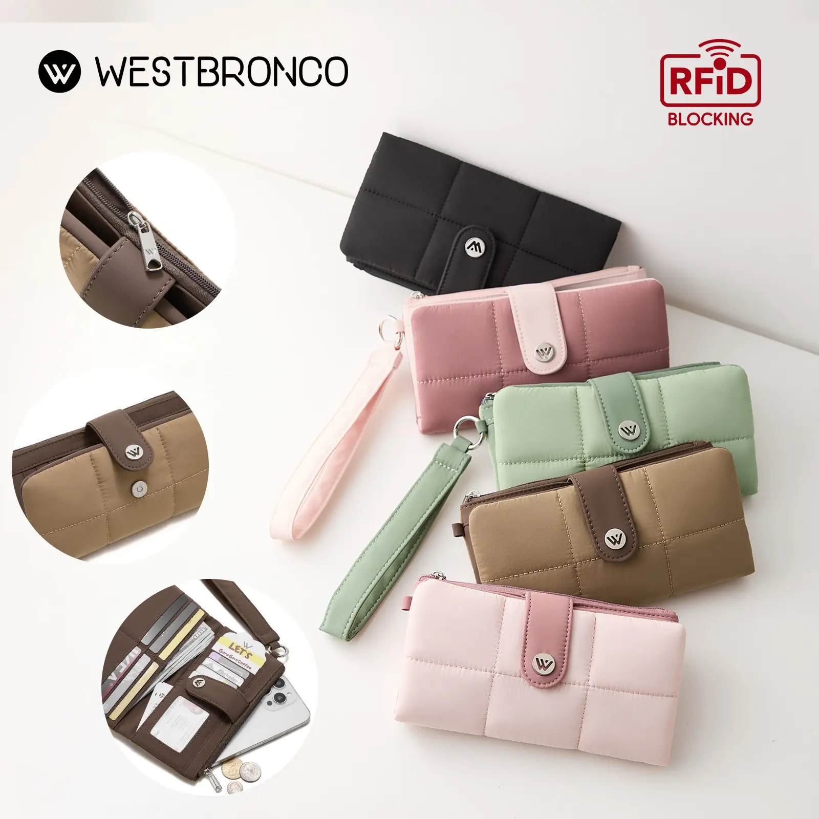 WESTBRONCO Puffy Long Wristlet Wallets Fashion Card Holder for Daily Use, Stylish Women Phone Wallet RFID Blocking for Girls, Summer Trendy Coin Purse with ID Window&Zipper Pocket&13 Card Slots Casual Style Gift SummerSale