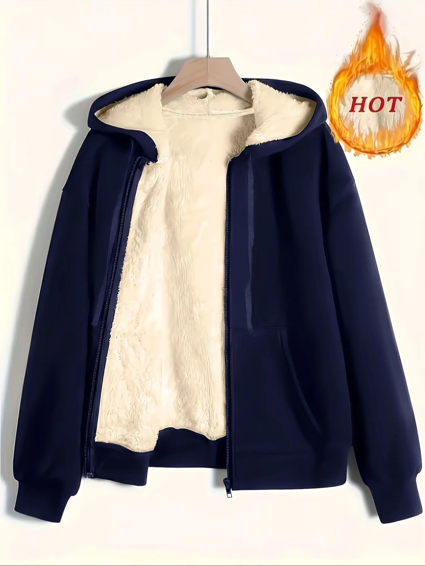 Women's Casual Long Sleeve Zipper Jacket, Fall Winter Fleece Lined Coat, Solid Plain Color Hooded Adjustable Drawstring Outerwear, Ladies Fashion Clothing, Womenswear, Basic, 1 Piece