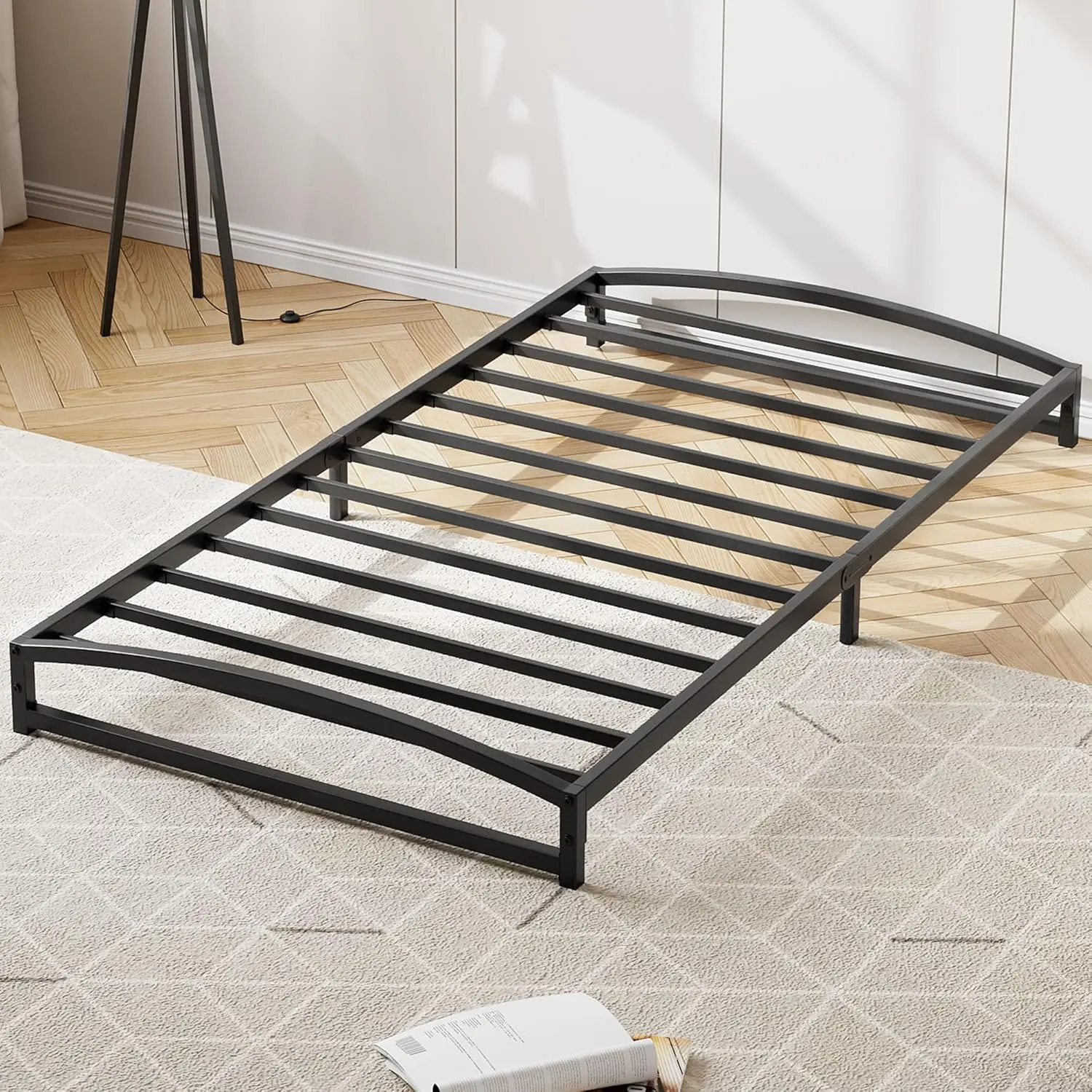 Twin-XL Size Durable Metal Floor Bed Frame - 6-in Heavy-Duty Curved Arc Platform Mattress Foundation, No Box Spring Needed, Noise-Free, Non-Slip, Easy Assembly, Black, Arched Look
