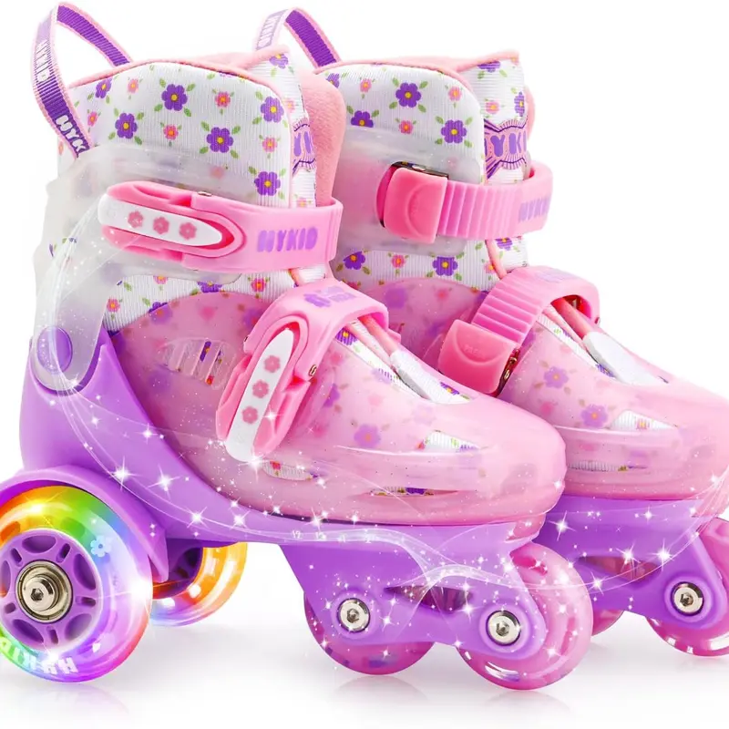 HYKID Beginners' Roller Skates for Boys & Girls (2-8 Years), 4 Adjustable Sizes, Illuminating Design, Anti-Kick Protection, Impact-Resistant High-Top Boot, Strong Support, Breathable Upper, ABEC-7 Bearings, Protective Gear (Kick Scooter Compatible)