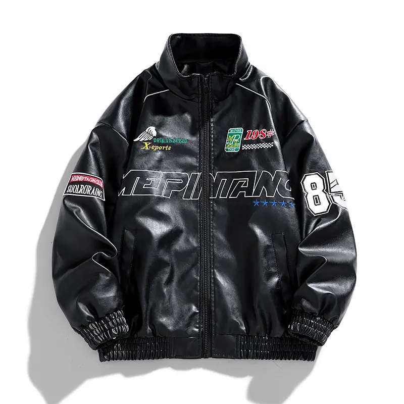Men’s vintage racing embroidered PU leather jacket, stand collar loose motorcycle outerwear, hip-hop street windproof biker jacket