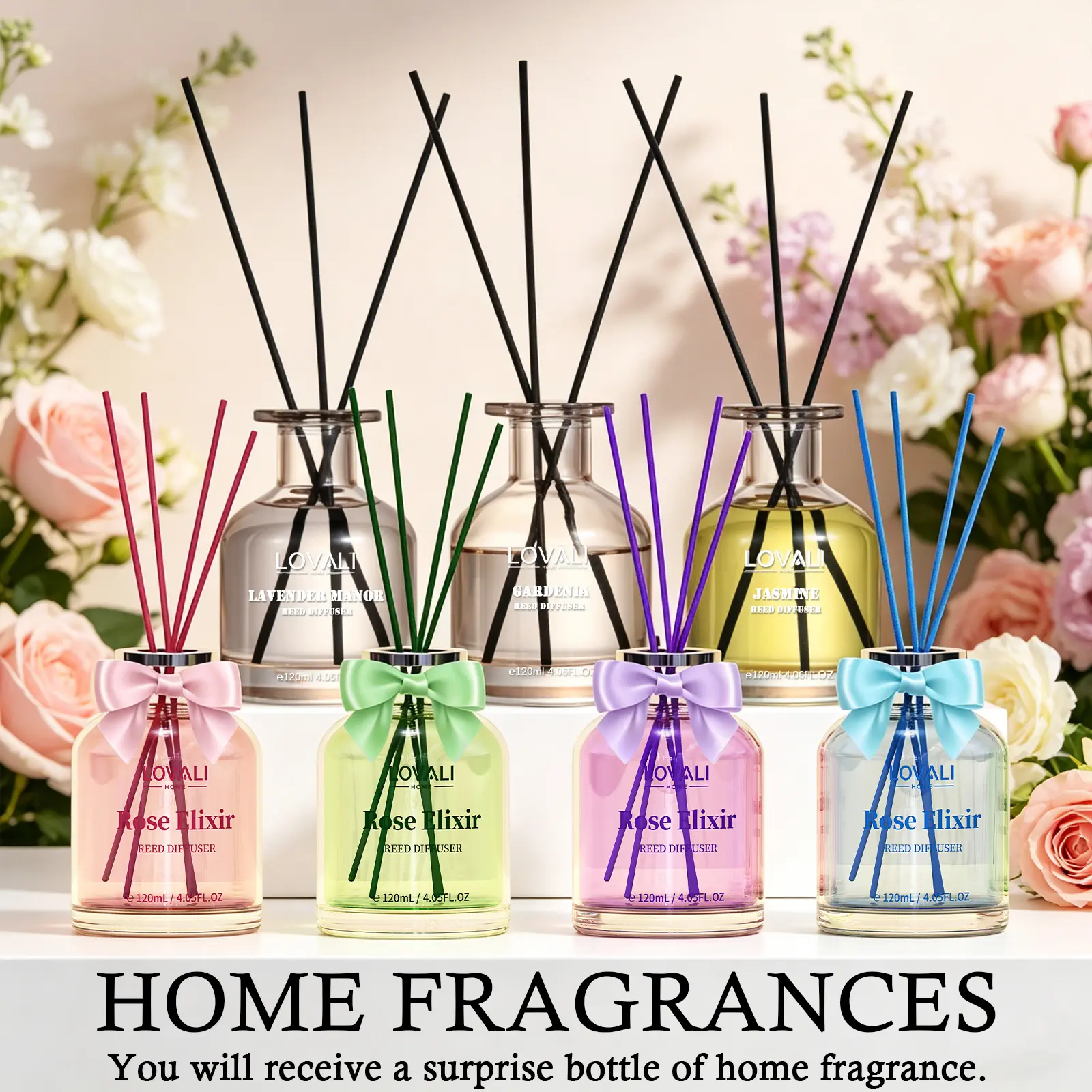 120ml Alcohol-Free Glass Fragrance Diffuser Bottle - Home Fragrance Accessory with 6 Scents (Gardenia, Jasmine, Lavender, Rose, White Tea, Sandalwood), Long-Lasting Air-Purifying Bedroom Supply, Auspicious Gift for Casual Anniversary/Engagement Occasions