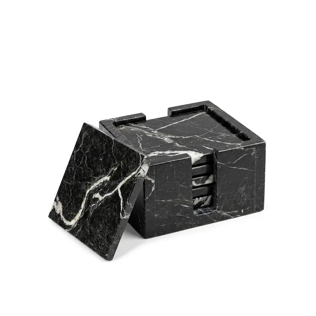 Marmorkrafts Luxury Marble 4” Sqaure Coasters Set of 6 with Holder | Handcrafted Natural Stone Drink Coasters for Coffee Table, Home Bar & Modern Home Décor