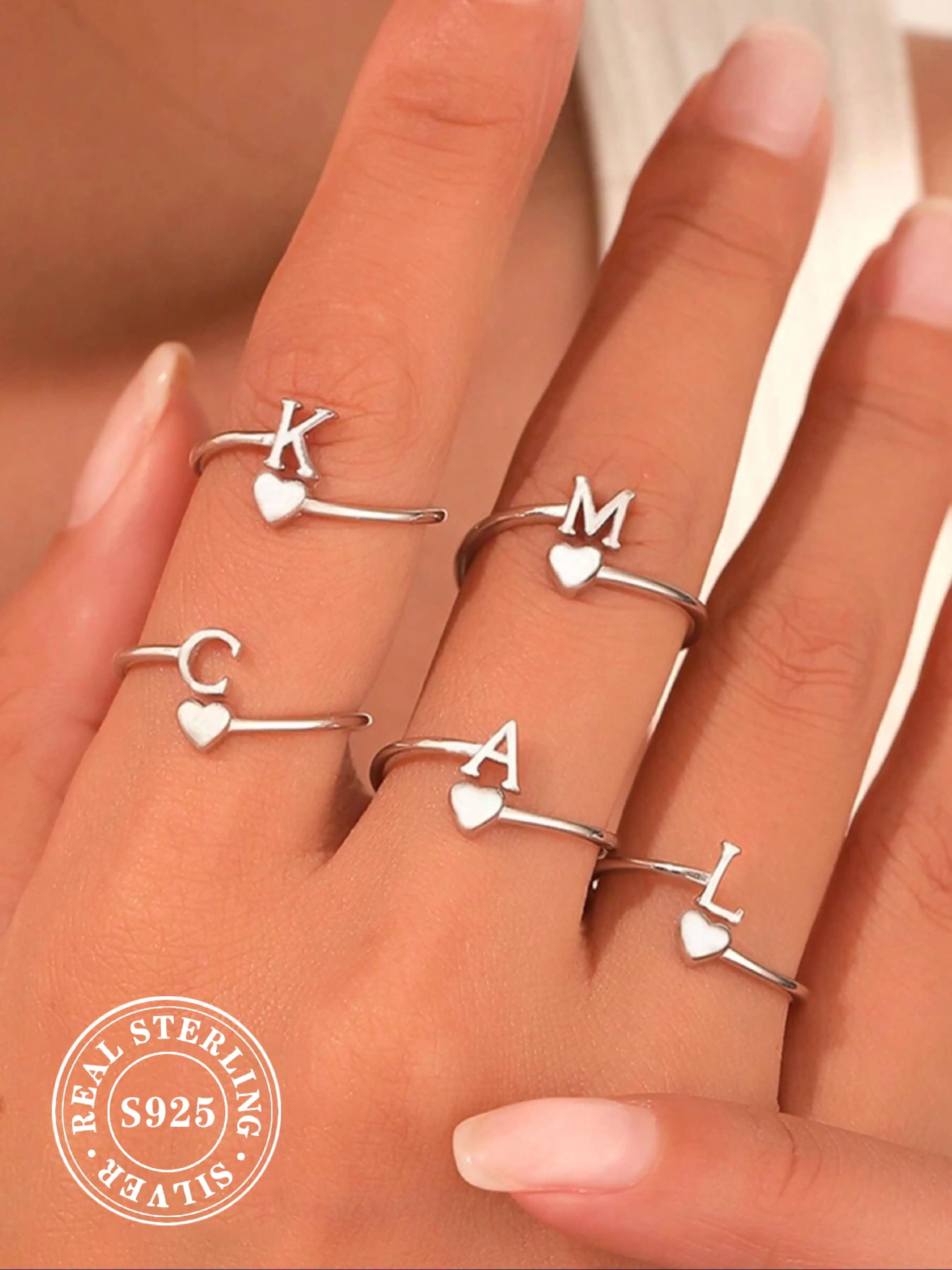 925 Sterling Silver Simple Fashion 26 Letter Ring, Heart Shaped Letter Ring, Adjustable Ring, Fashion Jewelry Accessories for Women & Girls, Valentine's Day, Gift