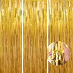3 Pack 3.3 x 9.9 ft Gold Foil Fringe Curtains, Tinsel Backdrop for Birthday Party Decorations