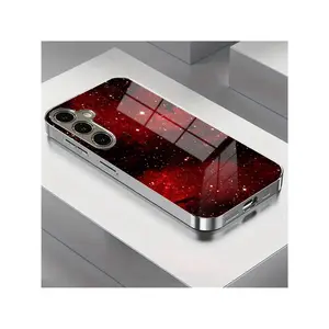 Red Night Star Pattern New Electroplated Glass Case For Samsung S25, S24, S23, S22, S21, S20, NOTE20, NOTE10, A55, A54, A53, A52, A36, A35, A33, A23, A15, A14, A13, A05, Anti-Dirt, Fashionable,