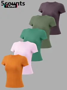 5 Counts Women's Patchwork High Elastic Soft and Comfortable Round Neck Flat Shoulder Short Sleeve Yoga Clothes Four Seasons Outdoor Running Cycling Mountain Walking Shopping Home Fashion T-shirt  Gym sports training versatile short sleeve