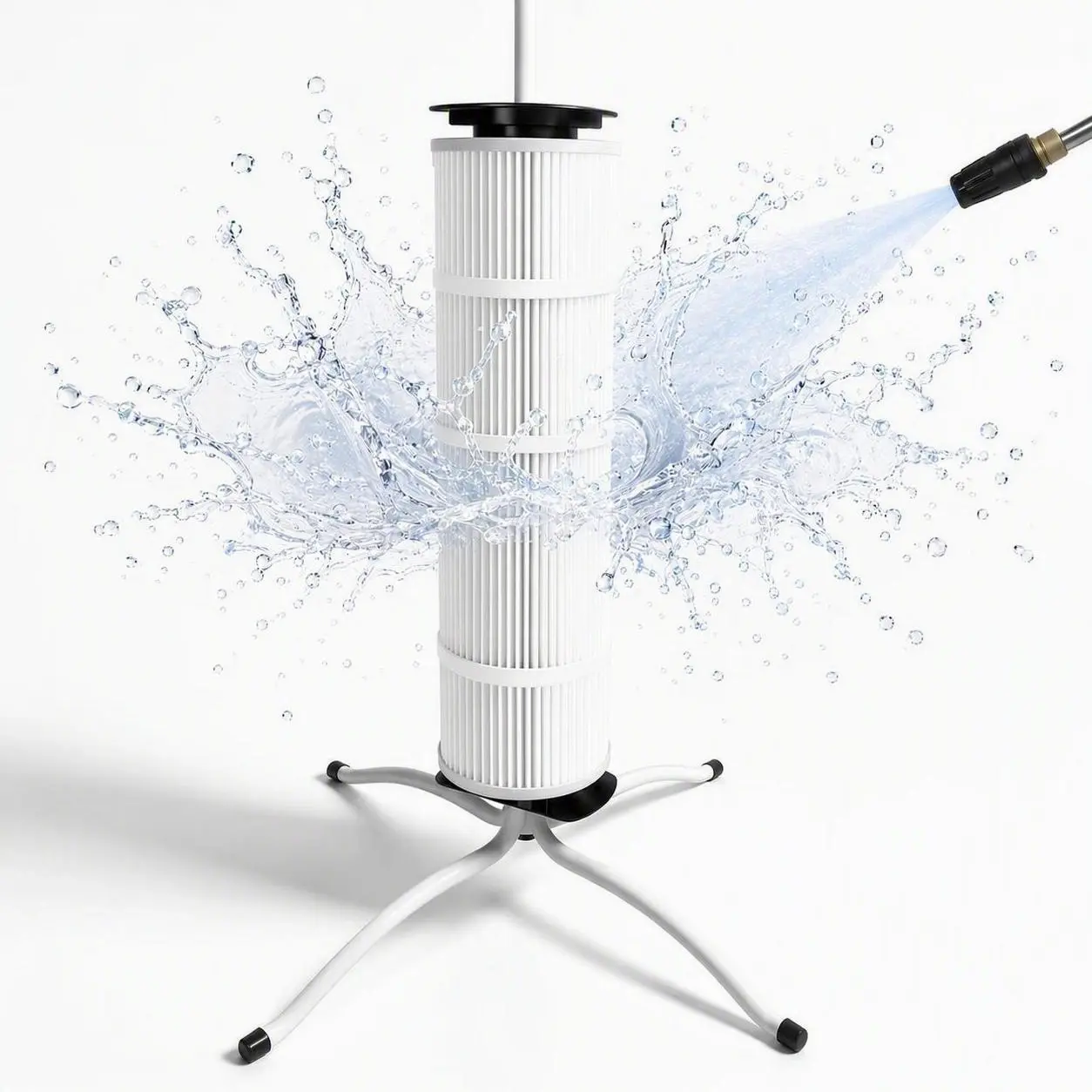 Pool Filter Cleaning Stand 360° Rotation No-Bend Design Universal Cartridge Filter Holder High Pressure Deep Clean Tool for 3"/4"/6" Filters – Time-Saving Pool Maintenance