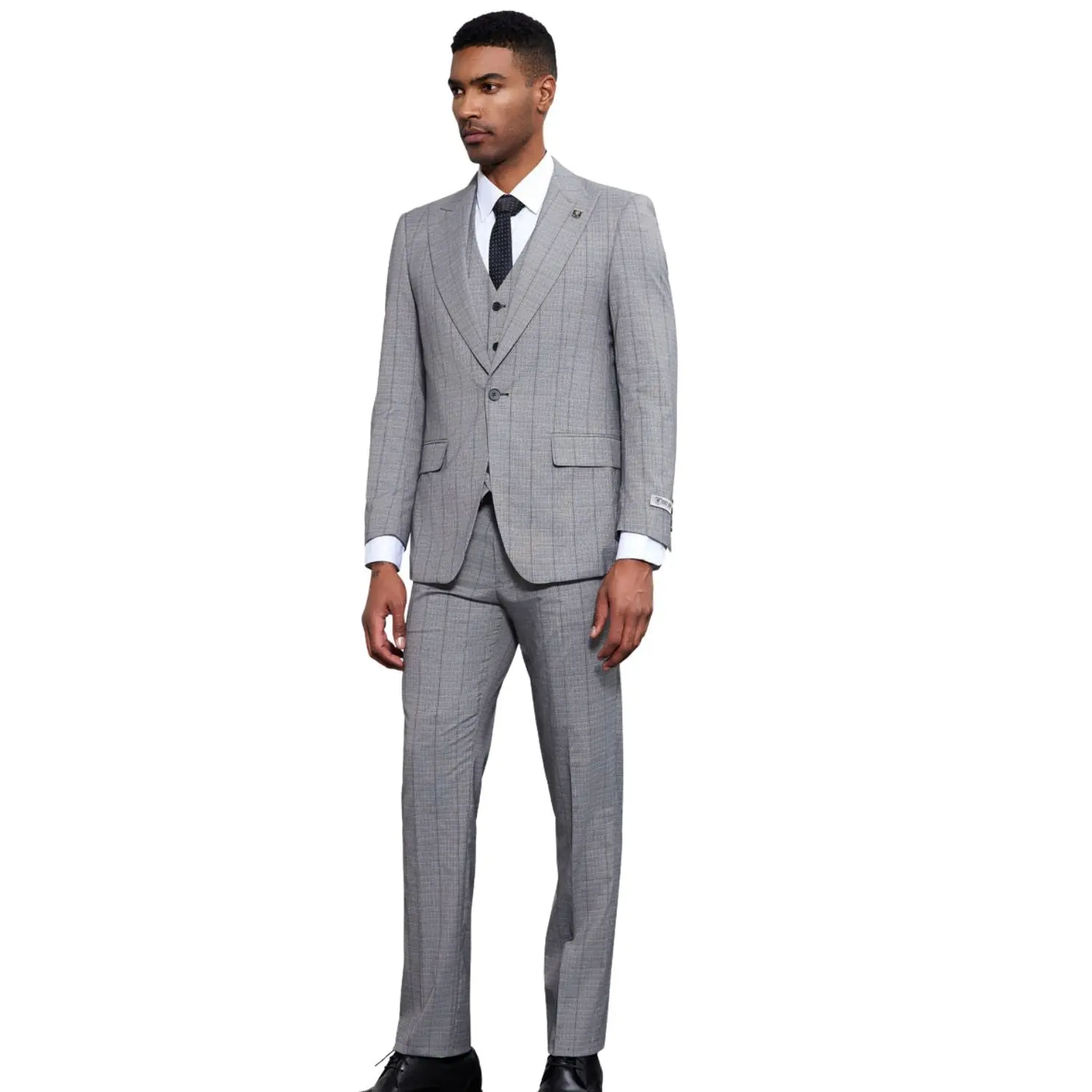 Men’s 3-Piece Hybrid Fit Windowpane Suit by Stacy Adams - Grey