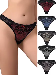 Collection of 5 Stylish Black Color-Blocked Floral Thong Underwear with Lace Edging - Low Rise, Soft Material, Ideal for Women'S Home Wear, Opulent And Trendy Lingerie, Great Christmas Present, Gifts for Women, Couples