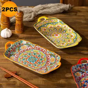 2pcs Boho Style Ceramic Plates, Microwave Oven Safe, Ideal for Steak, Pasta, Breakfast, All-Season Home and Restaurant Tableware