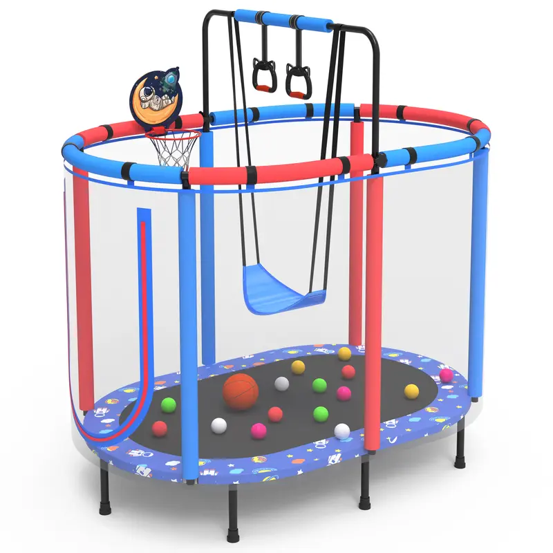 Segmart 60" Kids Trampoline with Safety Net, Swing, Basketball Hoop, Rings & Balls – Indoor/Outdoor Toddler Mini Trampoline, Birthday Gift for Ages 3-6