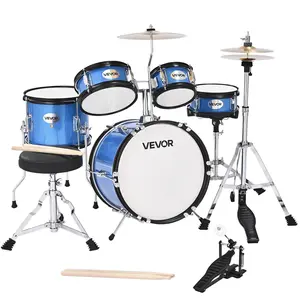 VEVOR 5-Piece 14in Poplar Wood Junior Drum Set, Complete Beginner Kit with Adjustable Seat, Cymbal, 2 Pairs of Drumsticks, Quick Lock Throne, Rich Tone Musical Learning Instrument for Ages 6-13 (Blue), Complete Kit, Five Pieces