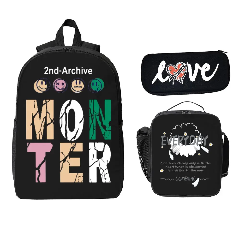 Full Set Retro Grunge Crack Gradient Letter Backpack Kit, Standard Teen Size Lightweight Breathable Strap School Backpack Everyday Daisy Quote Lunch Tote & Hand Drawn Love Heart Pencil Case, Aesthetic Y2K Exterior Decor For Daily Commute & School Field