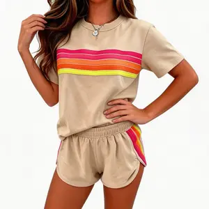 Women's Retro Aesthetic 2-Piece Striped Matching Set - Loose Soft Polyester Short-Sleeve Tee & Slip Shorts, Cool, Breathable, Sweat-Free, Casual Sporty Vibe, Ideal for Home & Street Wear (Women's Clothes)