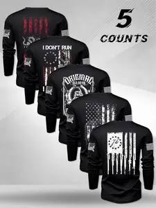 American Patriotic Style 1776 Flag Print Long Sleeve T-Shirt, Stretch Men's Outdoor Casual Fitness Top, Sporty Design Slim-Fitting Tee