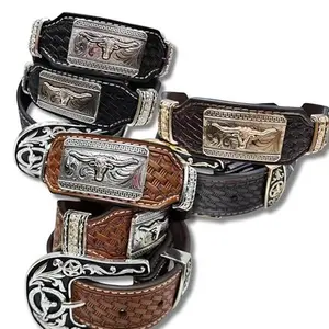 Western Stakes Leather Belts For Men Cowboy Basketweave Longhorn Floral Concho