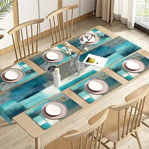 Farmhouse Table Runner Set Linen Placemats Blue Gray Abstract Design Everyday Dining Decor Gift