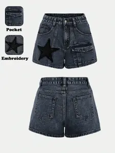 New Summer Women's Denim Shorts, Large Pockets Star Embroidery Design, High-Waisted Slim Fit, Perfect for Streetwear and Vacation