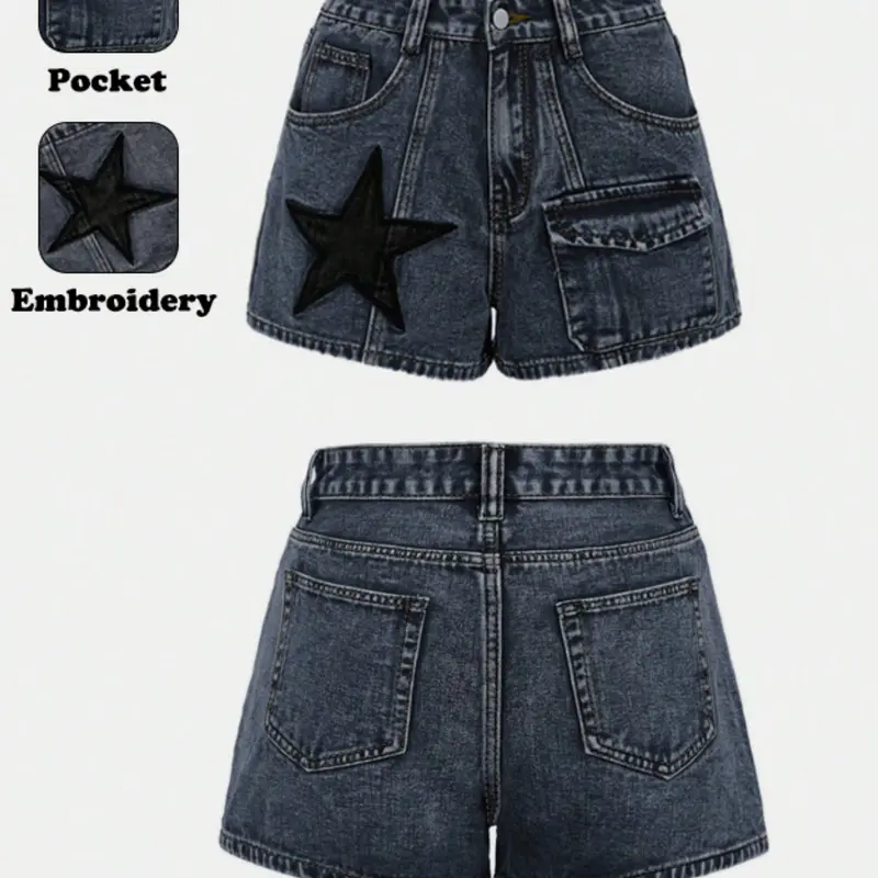 New Summer Women's Denim Shorts, Large Pockets Star Embroidery Design, High-Waisted Slim Fit Casual, Perfect for Streetwear and Vacation, Button Fly Shorts