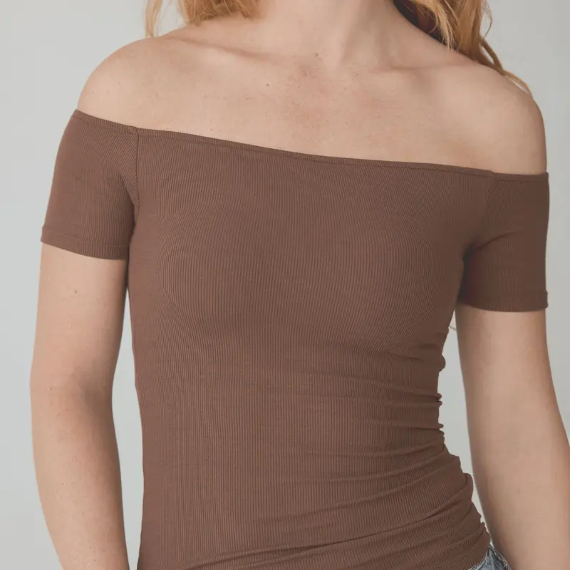 Ribbed Off The Shoulder Braless Short Sleeve