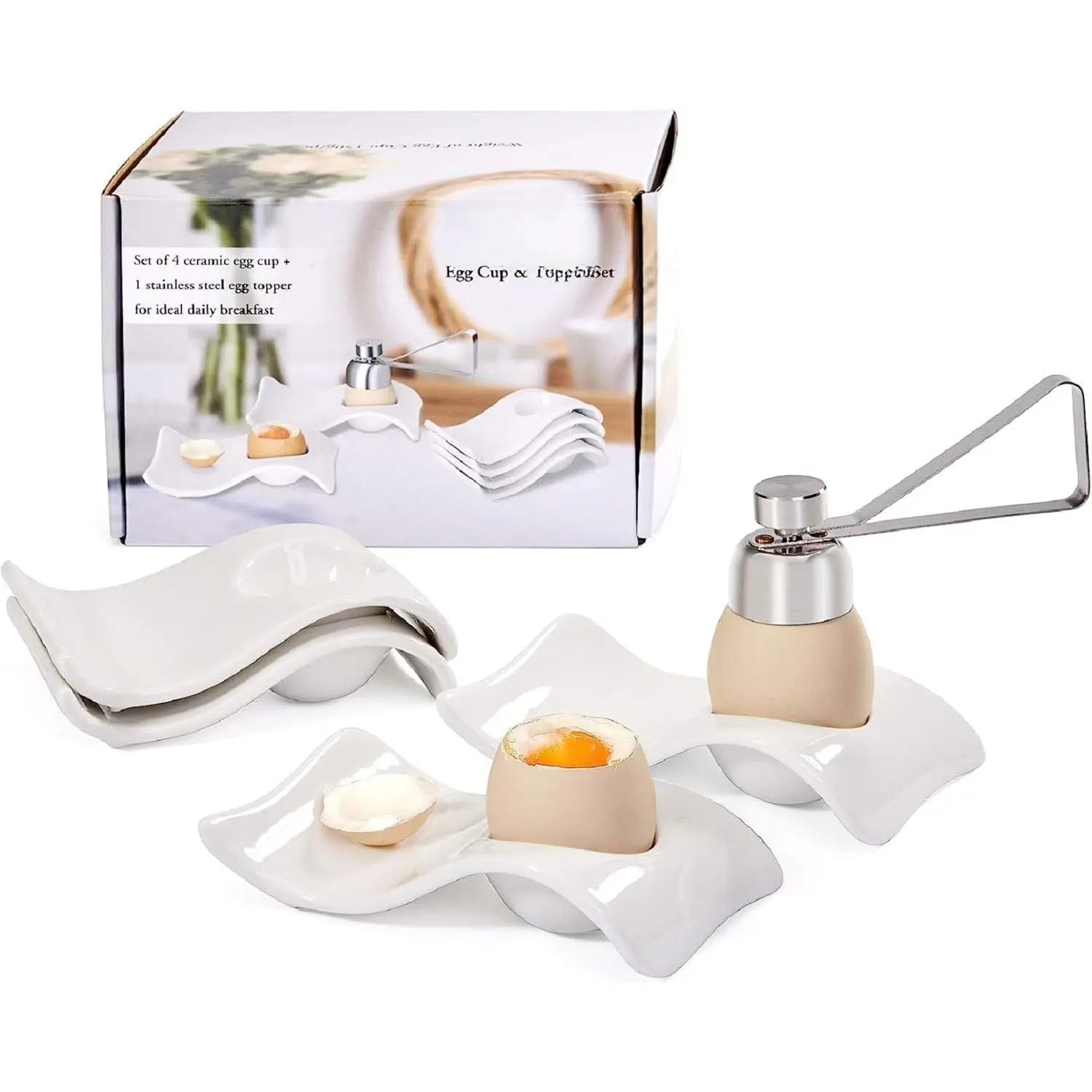 Ceramic Egg Cup, Egg Cups for Soft Boiled Eggs, Soft Boiled Egg Holder 4 + 1 Egg Topper  Soft Boiled Egg Cups Set