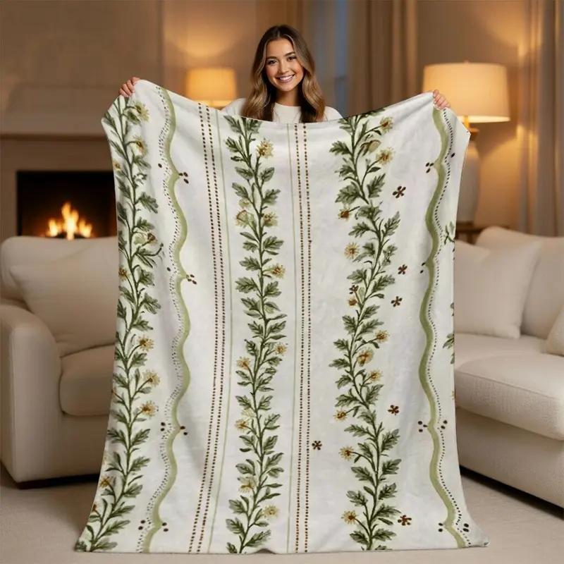 Cozy Sage Green Floral Vines Throw Blanket - Soft Scalloped Cottagecore Aesthetic, Floral Design, French Style for Bed, Couch, French Country Decor, Floral Design Blankets, French Style Blankets